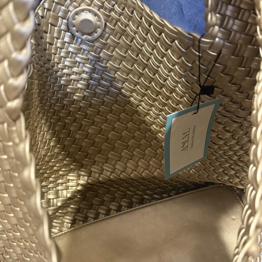 Large Woven Tote Bag Metallic Gold Shoulder Bag Purse-New with Tags & Beautiful! - Picture 5 of 9